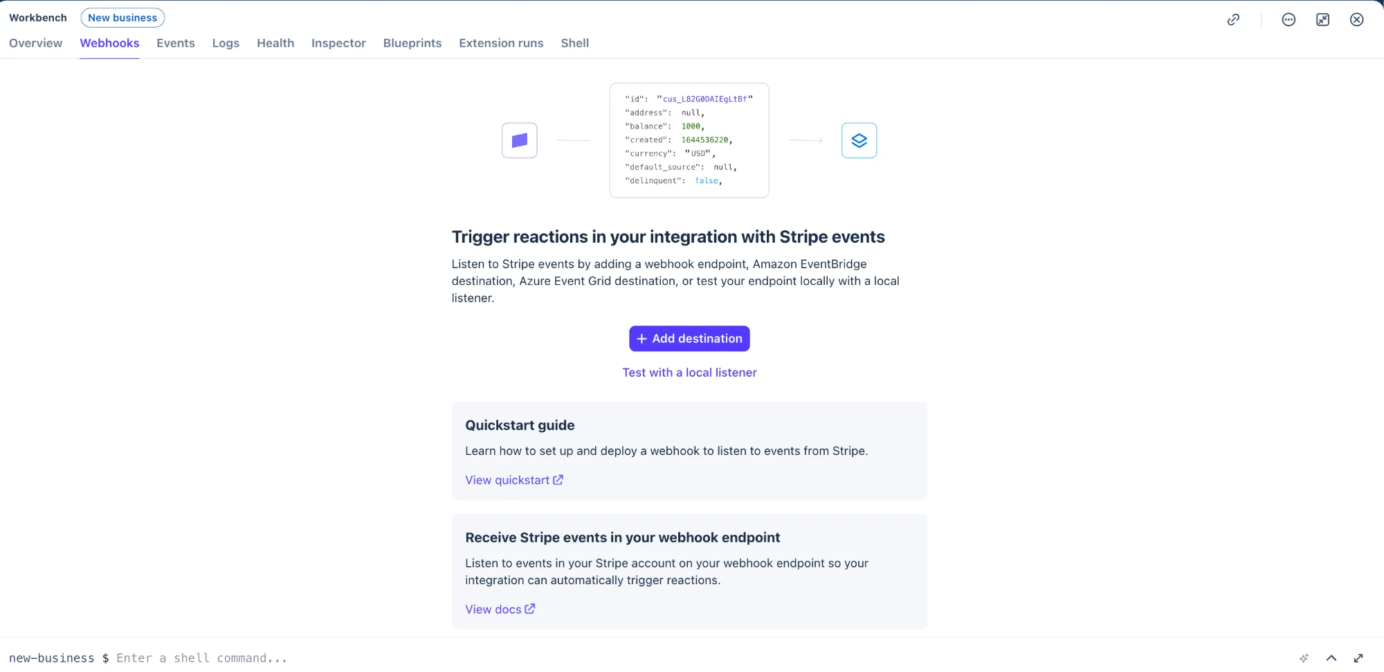 Stripe Workbench Webhooks page with the Add destination button