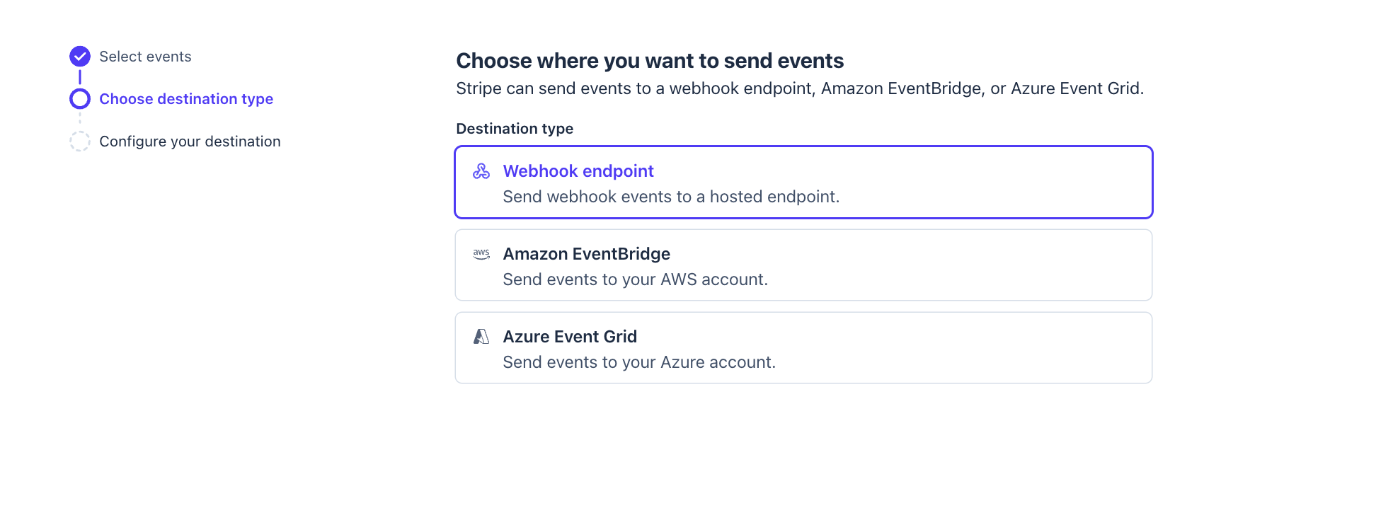 Choose destination type with Webhook endpoint selected