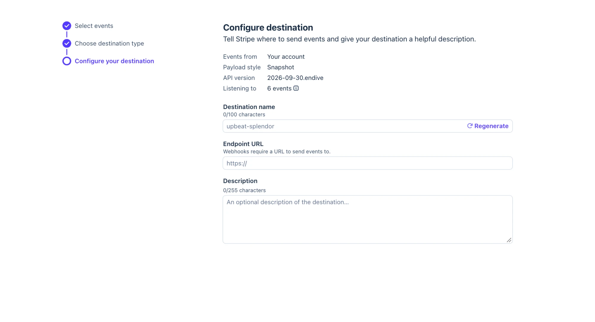 Configure destination mit den Feldern Destination name, Endpoint URL und Description