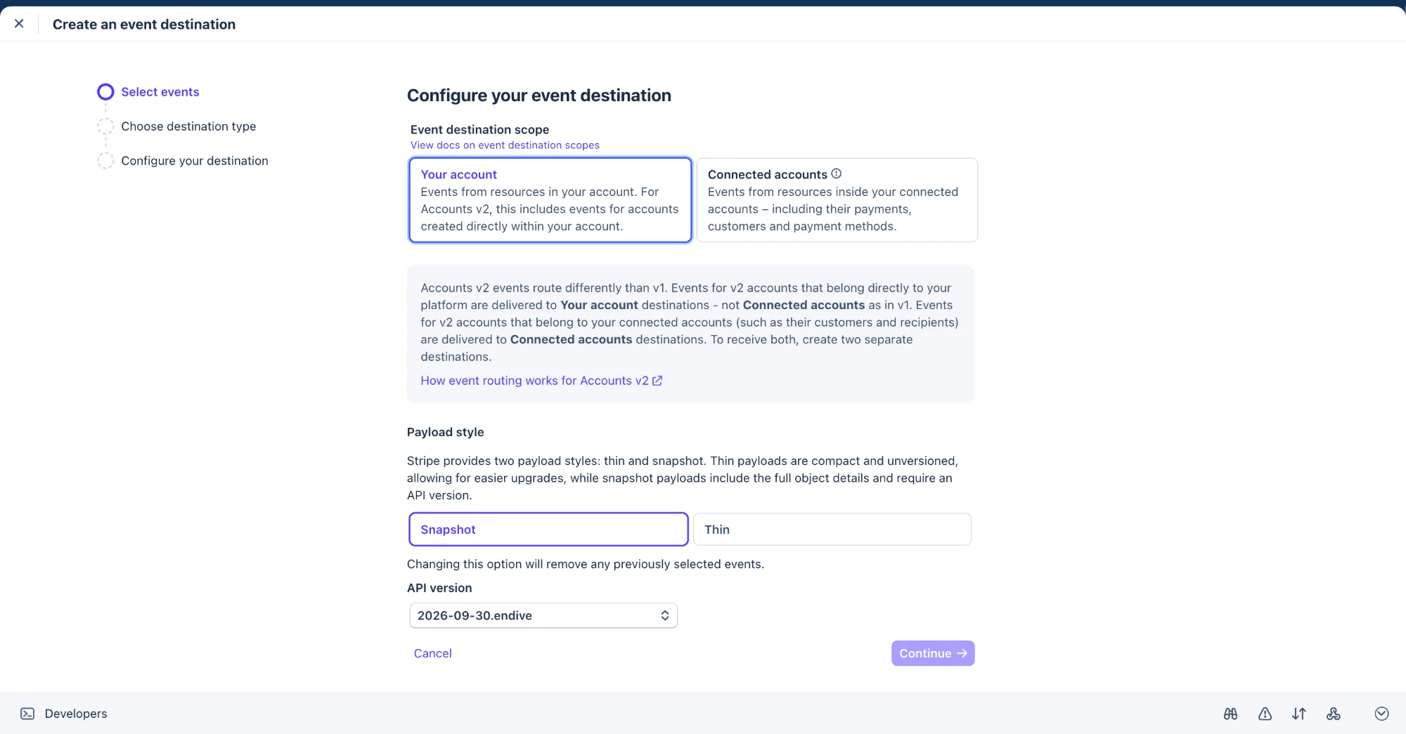 Configure your event destination: Your account e Snapshot selecionados